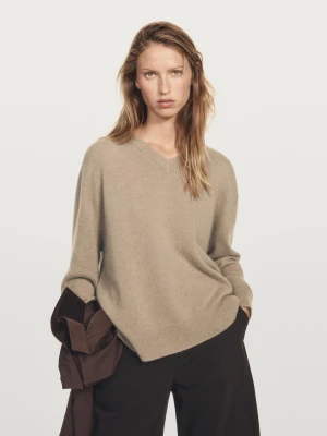 Dzianinowy Sweter Ze 100% Kaszmiru Z Dekoltem W Serek - Szarobrązowy - - Massimo Dutti - Kobieta