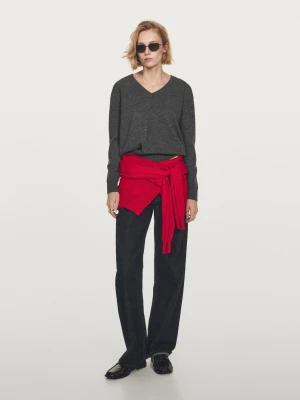 Dzianinowy Sweter Ze 100% Kaszmiru Z Dekoltem W Serek - Szary Średni - - Massimo Dutti - Kobieta