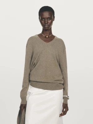 Dzianinowy Sweter Ze 100% Kaszmiru Z Dekoltem W Serek - Zielony Butelkowy - - Massimo Dutti - Kobieta
