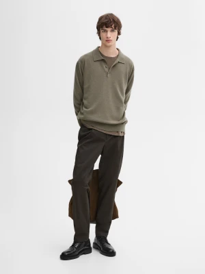 Dzianinowy Sweter Ze 100% Kaszmiru Z Kołnierzykiem Polo - Jansy Khaki - - Massimo Dutti - Mężczyzna