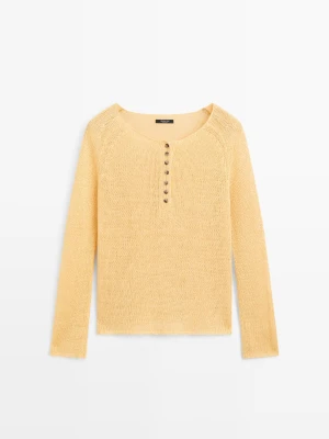 Dzianinowy Sweter Ze 100% Lnu Z Detalem Przy Dekolcie - Perłowy/Beżowy - - Massimo Dutti - Kobieta