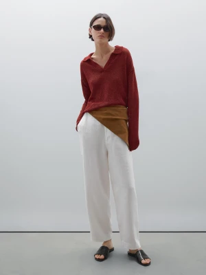 Dzianinowy Sweter Ze 100% Lnu Z Kołnierzykiem Polo - Bordowy - - Massimo Dutti - Kobieta