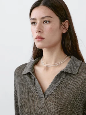Dzianinowy Sweter Ze 100% Lnu Z Kołnierzykiem Polo - Butelkowy - - Massimo Dutti - Kobieta