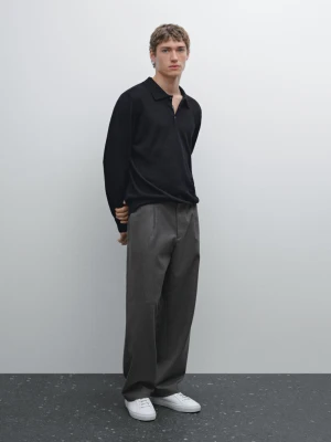 Dzianinowy Sweter Ze 100% Lnu Z Kołnierzykiem Polo - Granatowy - - Massimo Dutti - Mężczyzna