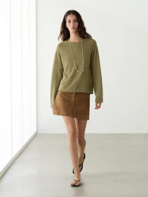 Dzianinowy Sweter Ze 100% Lnu Z Okrągłym Dekoltem - Zielony - - Massimo Dutti - Kobieta