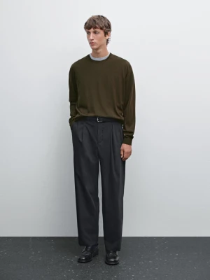 Dzianinowy Sweter Ze 100% Wełny Merynosów - Ciemny Khaki - - Massimo Dutti - Mężczyzna