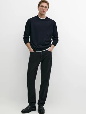 Dzianinowy Sweter Ze 100% Wełny Merynosów Z Okrągłym Dekoltem - Granatowy - Massimo Dutti - Male
