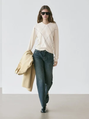 Wełniany Sweter Z Dzianiny W Romby - Surowy - - Massimo Dutti - Kobieta