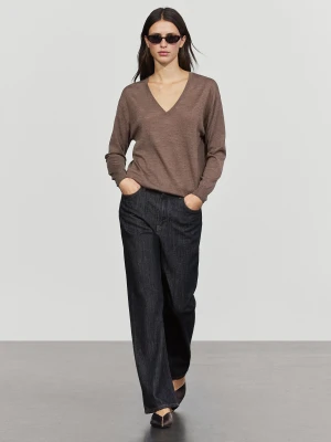 Dzianinowy Sweter Ze 100% Wełny Z Dekoltem W Serek - Brązowy - Massimo Dutti - Female