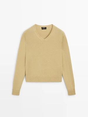 Dzianinowy Sweter Ze 100% Wełny Z Dekoltem W Serek - Oliwkowy - Massimo Dutti - Female