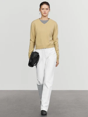 Dzianinowy Sweter Ze 100% Wełny Z Dekoltem W Serek - Oliwkowy - Massimo Dutti - Female