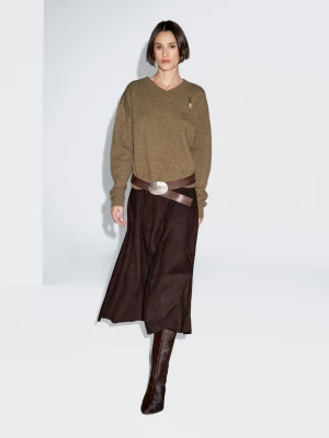 Dzianinowy Sweter Ze 100% Wełny Z Dekoltem W Serek - Oliwkowy - - Massimo Dutti - Kobieta