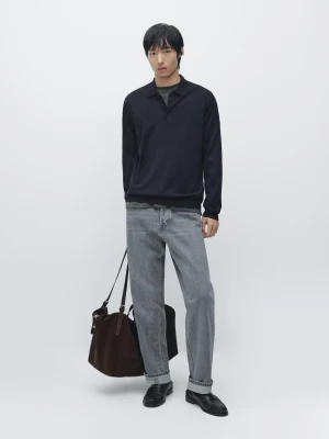 Zdjęcie produktu Dzianinowy Sweter Ze 100% Wełny Z Kołnierzykiem Polo - Granatowy - - Massimo Dutti - Mężczyzna