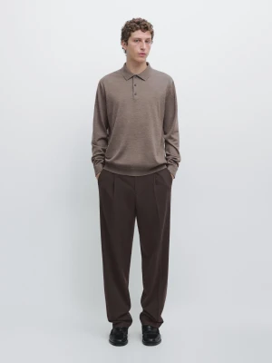 Zdjęcie produktu Dzianinowy Sweter Ze 100% Wełny Z Kołnierzykiem Polo - Szarobrązowy - - Massimo Dutti - Mężczyzna