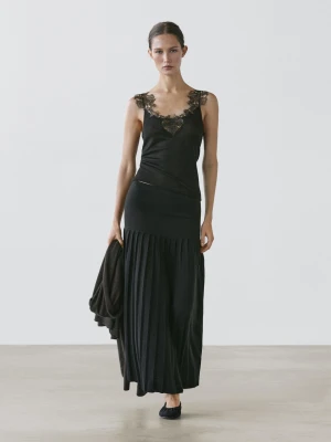 Dzianinowy Top Na Ramiączkach Z Koronkowym Obszyciem - Czarny - - Massimo Dutti - Kobieta