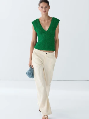 Dzianinowy Top Z Bawełną I Dekoltem W Serek - Zielony - Massimo Dutti - Female
