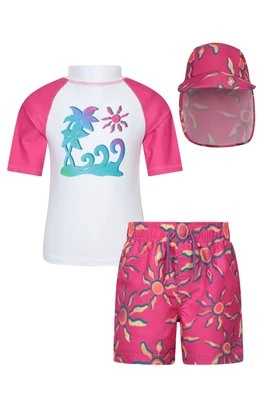 Rash Vest zestaw UV na plażę dla dzieci koszulka, spodenki i czapka do pływania - Pink Mountain Warehouse