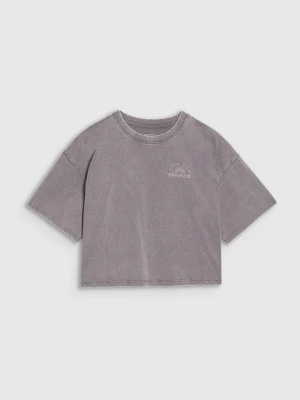 Dziewczęcy t-shirt crop top z nadrukiem 4F 4FJWSS25TTSHF1868 - szary 4F JUNIOR