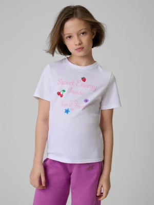 Dziewczęcy t-shirt z nadrukiem 4F 4FJRSS26TTSHF3824 - biały 4F JUNIOR