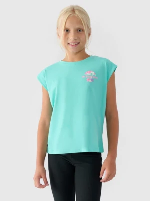 Dziewczęcy top z nadrukiem 4F 4FJRSS24TTSHF2052 - turkusowy 4F JUNIOR