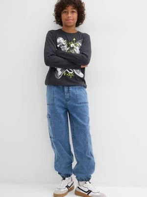 Dżinsy bojówki o kroju loose fit z materiału z domieszką stretchu, z elastyczną gumką w pasie bonprix