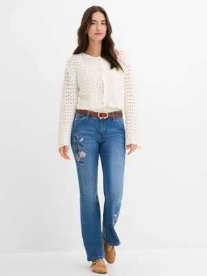 Dżinsy dzwony z kwiatowym haftem bonprix