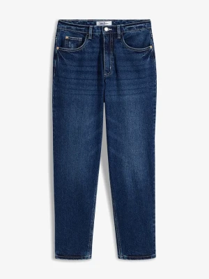 Dżinsy mom, high waist, low stretch, cropped BonPrix niebieski