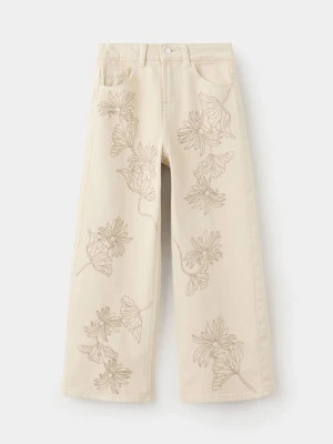 Jeansy wide leg z haftem kwiatowym kremowy / écru - Dzieci - MANGO KIDS beżowy