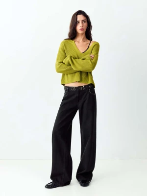Dżinsy z niskim stanem i oczkami w pasie black denim - Teen - MANGO TEEN