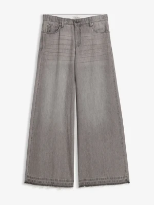 Jeansy wide leg, mid waist, z wygodnym pasem BonPrix szary