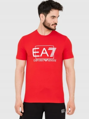 EA7 Czerwony męski t-shirt z dużym białym logo, Rozmiar L EA7 Emporio Armani