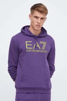 EA7 Emporio Armani bluza bawełniana męska kolor fioletowy z kapturem z nadrukiem