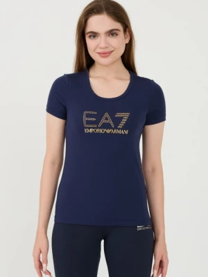 EA7 Granatowy damski t-shirt z cyrkoniami, Rozmiar M EA7 Emporio Armani