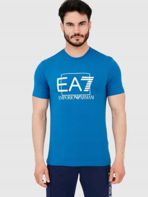 EA7 Niebieski męski t-shirt z dużym logo EA7 Emporio Armani
