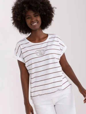 Ecru-brązowa bluzka damska w paski z aplikacjami RELEVANCE