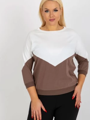 Ecru-brązowa bluzka plus size basic z rękawem 3/4