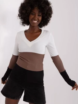 Ecru-czarna damska bluzka basic z dekoltem V RELEVANCE