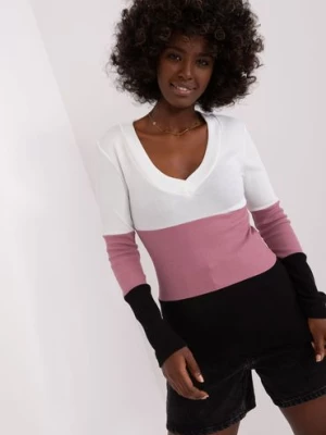 Ecru-czarna prążkowana bluzka damska basic z bawełny RELEVANCE