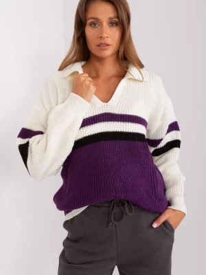 Ecru-fioletowy sweter oversize z kołnierzem BADU
