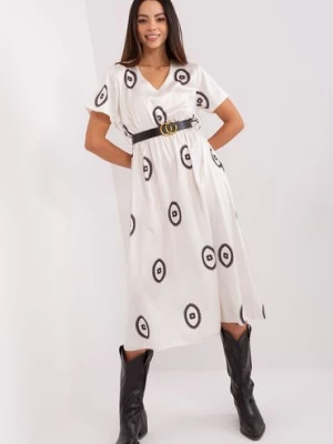 Ecru midi sukienka damska koktajlowa z paskiem Italy Moda