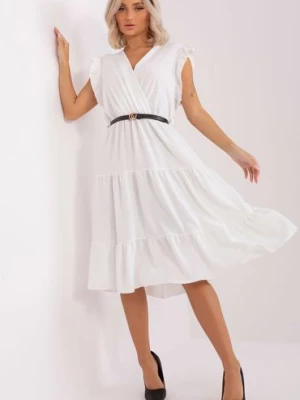 Ecru sukienka z falbaną i krótkim rękawem Italy Moda