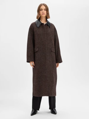 EDITED Płaszcz damski z wełną Kobiety Wełna brązowy|czarny wzorzysty,