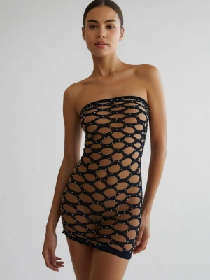 Elastyczna mini sukienka z wycięciami i czarnymi dżetami - Sandra POUPEE
