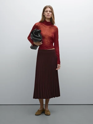 Spódnica Średniej Długości Z Zakładkami I Gumką W Pasie - Bordowy - - Massimo Dutti - Kobieta