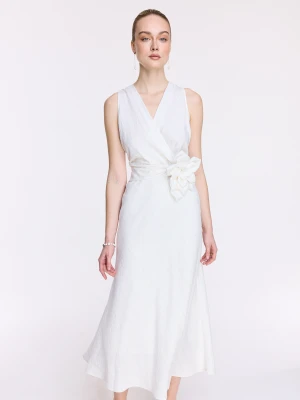 Elegancka biała sukienka midi z lnem TARANKO