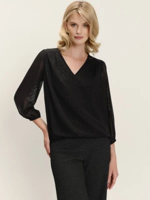 Elegancka czarna bluzka z delikatnym printem i półtransparentnymi rękawami Greenpoint
