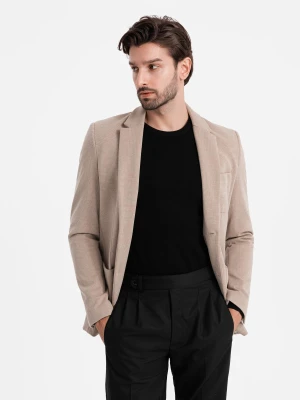Elegancka dopasowana męska marynarka ze strukturalnej dzianiny – beżowa V2 - Rozmiar: S Ombre Clothing