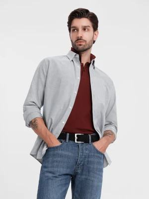 Elegancka koszula męska oxford z haftem – jasnoszara V2 - Rozmiar: L Ombre Clothing