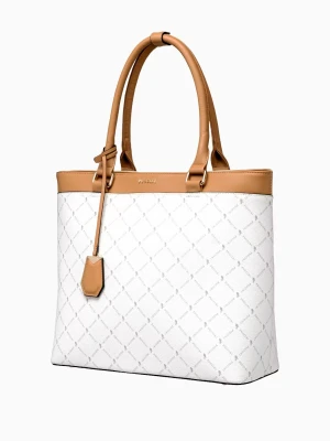 Elegancka logowana torebka typu shopper z ozdobnym brelokiem biała Puccini