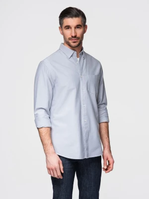 Elegancka męska koszula oxford z haftem i kieszonką – błękitna V1 Ombre Clothing